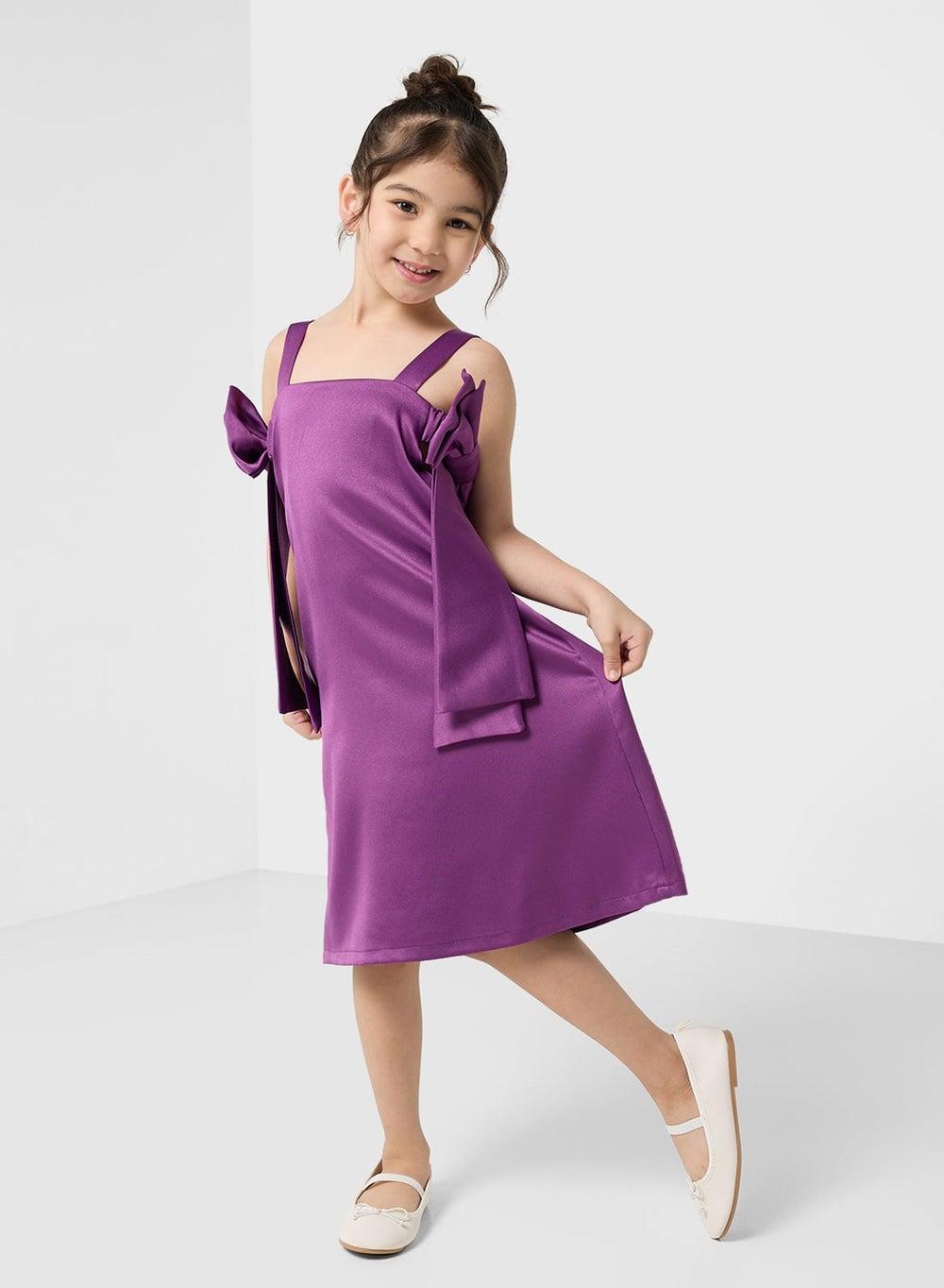 Purple Satin Bow Shoulder Dress for Girls - Image 1