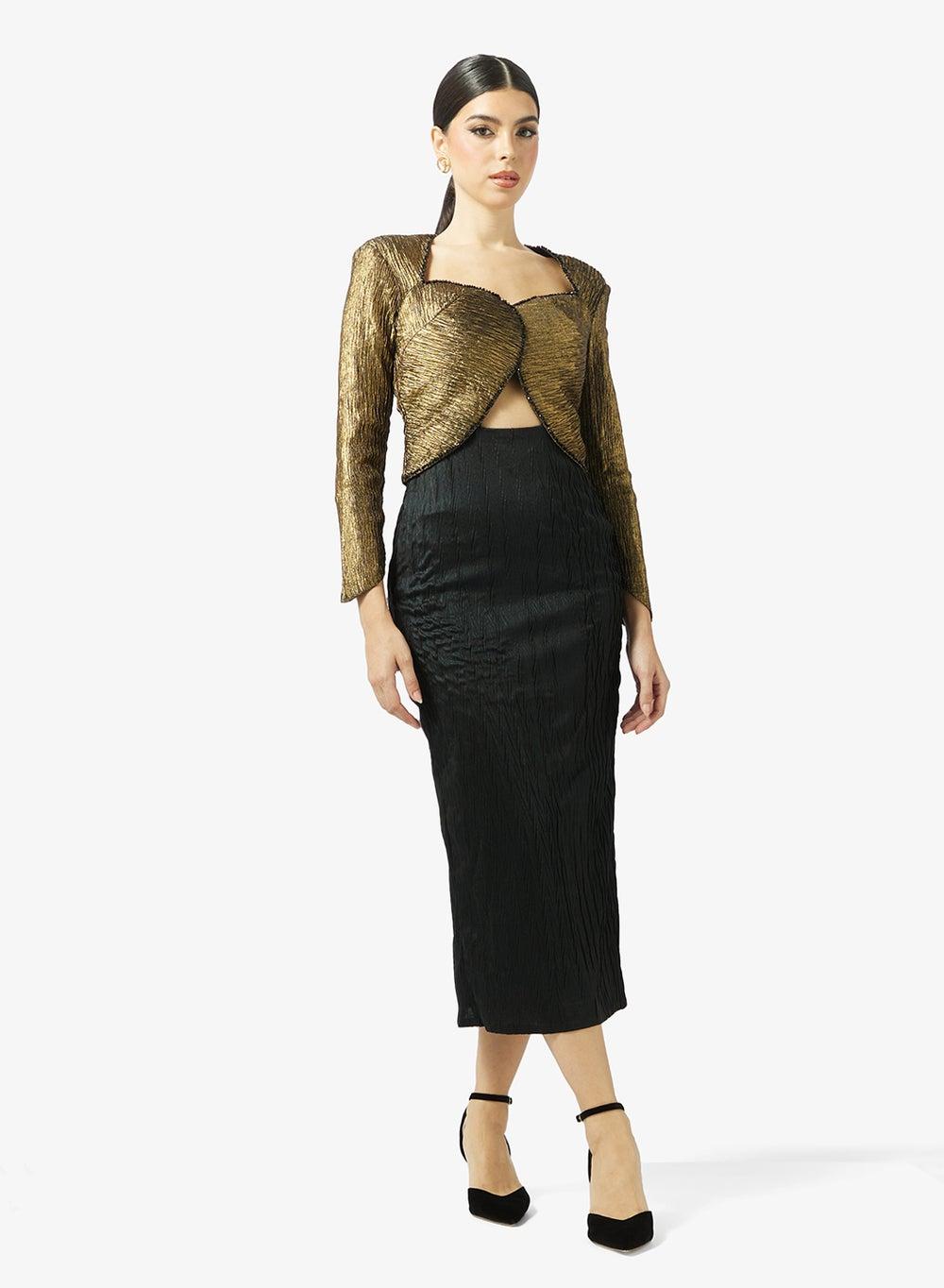Metallic Bodice Midi Dress with Crinkled Skirt - Image 1