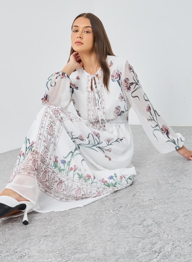 Styli Floral Tie-Up Neck A-Line Maxi Dress - Image 1