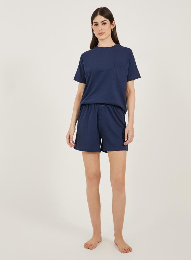 Dropped Shoulder Pocket T-Shirt & Button Placket Pyjama Shorts Set - Image 1