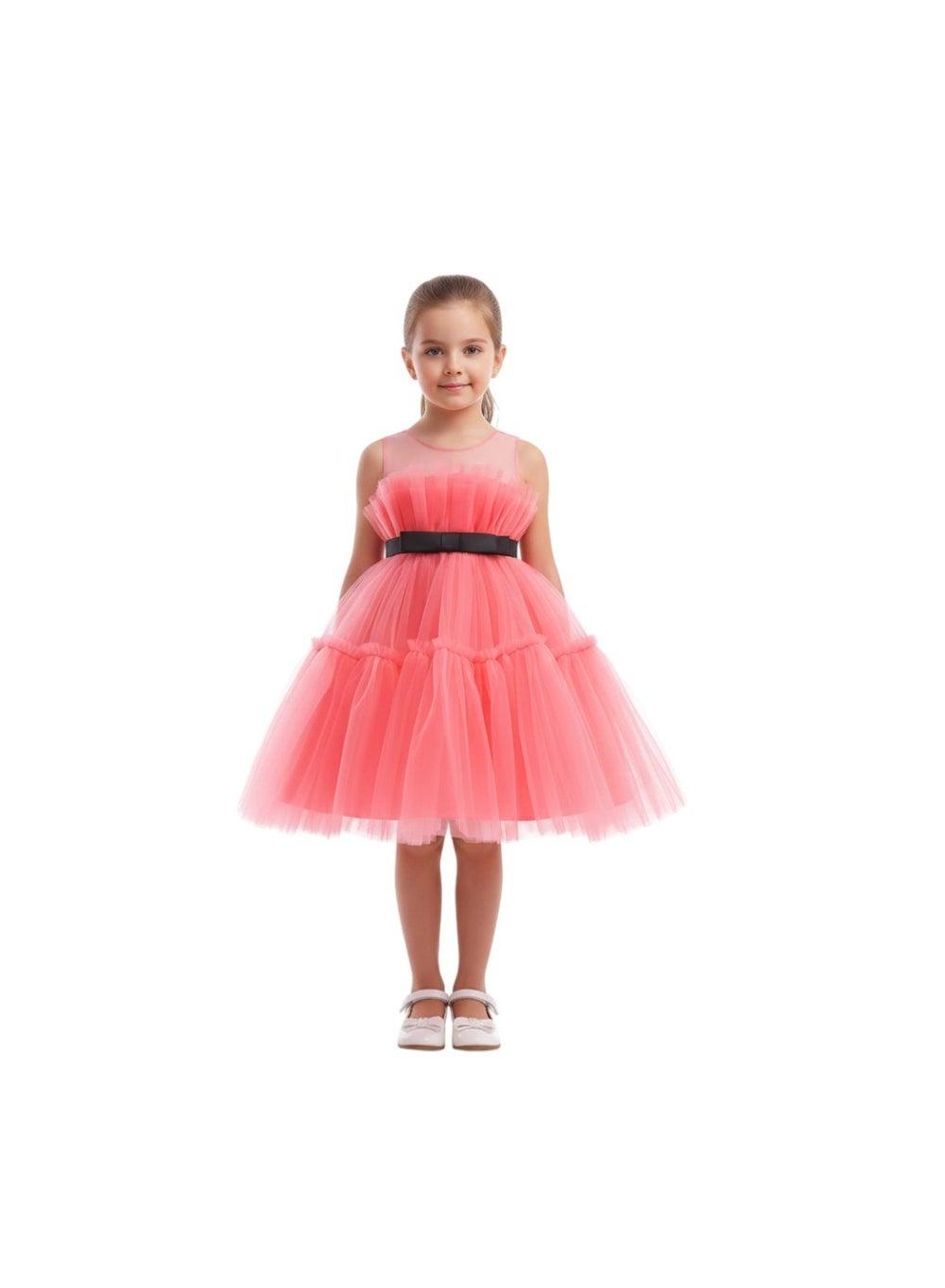 Pink Tulle Party Dress with Black Sash - Image 1