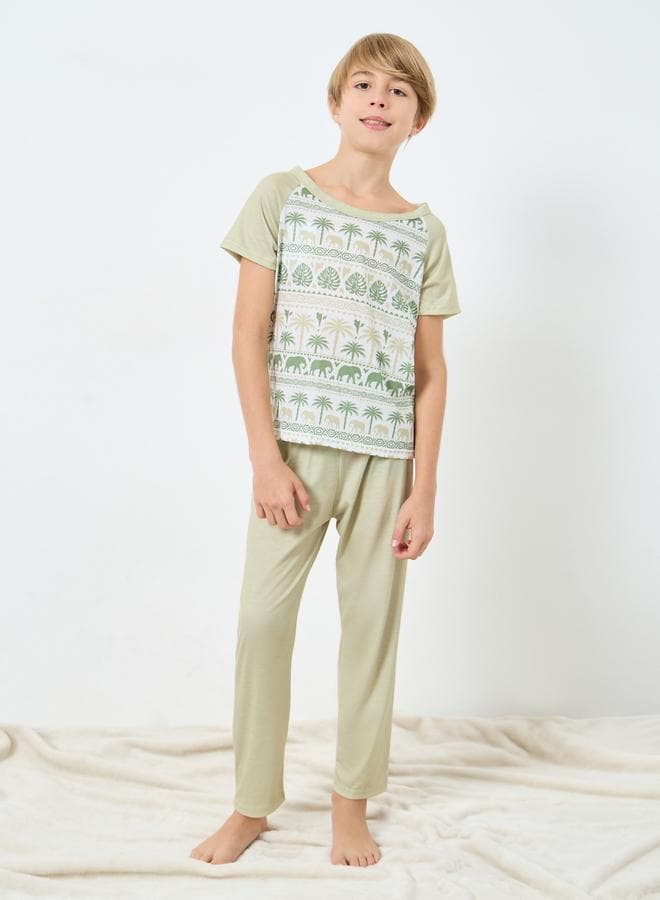 Take Two Boys Green Elephant Print Pyjama Set - Image 1