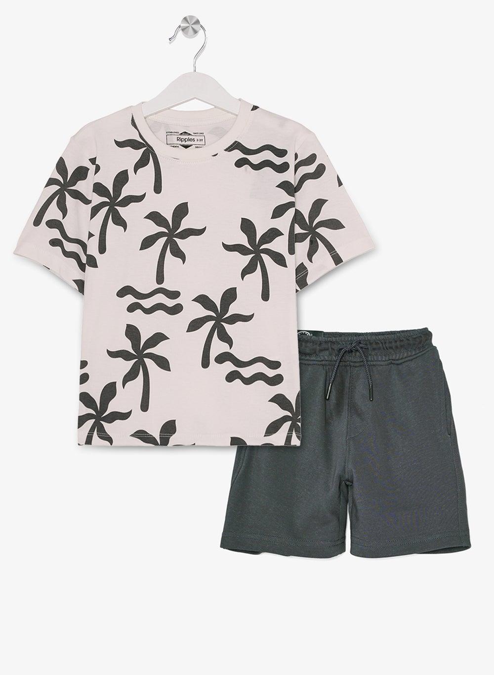 Boys Off-White Tee and Dark Grey Shorts Set - Image 1