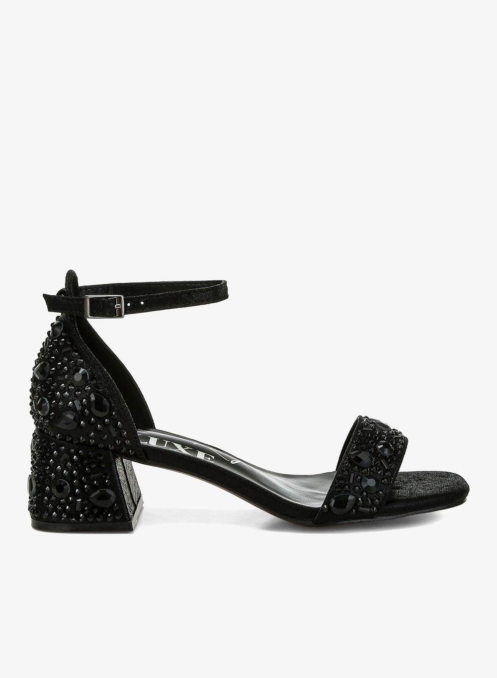 Black Rhinestone Shimmer Low-Block Heel Sandals - Image 1