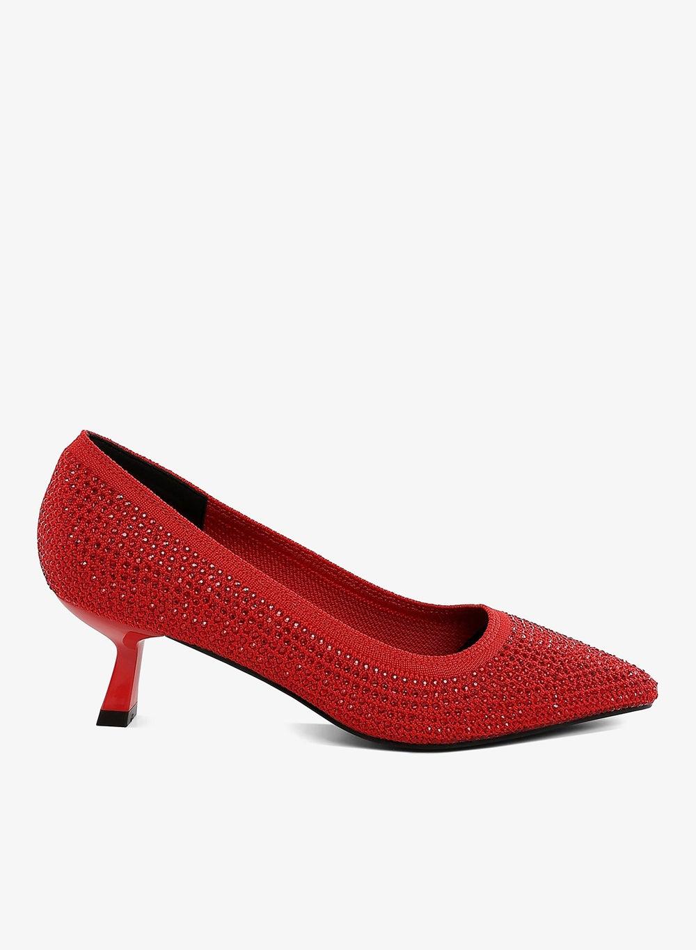 Red Breathable Flyknit Rhinestone Pumps with Kitten Heels - Image 1