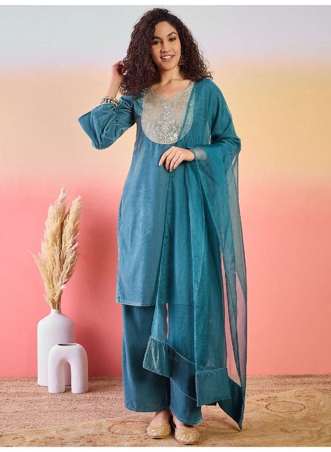 Blue Velvet Pathani Kurta Set with Organza Dupatta - Image 1