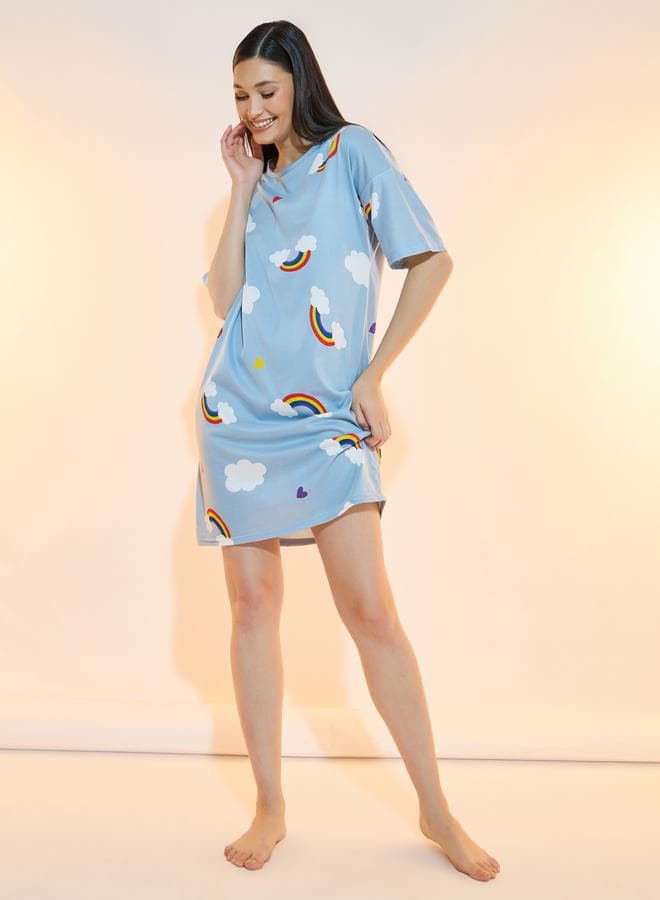 Heart and Cloud Print Sleep T-Shirt Dress with Bag - Image 1