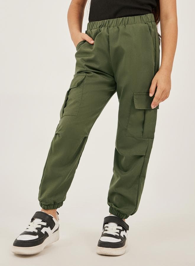 Girls Solid Elasticated Waistband Cargo Pants - Image 1