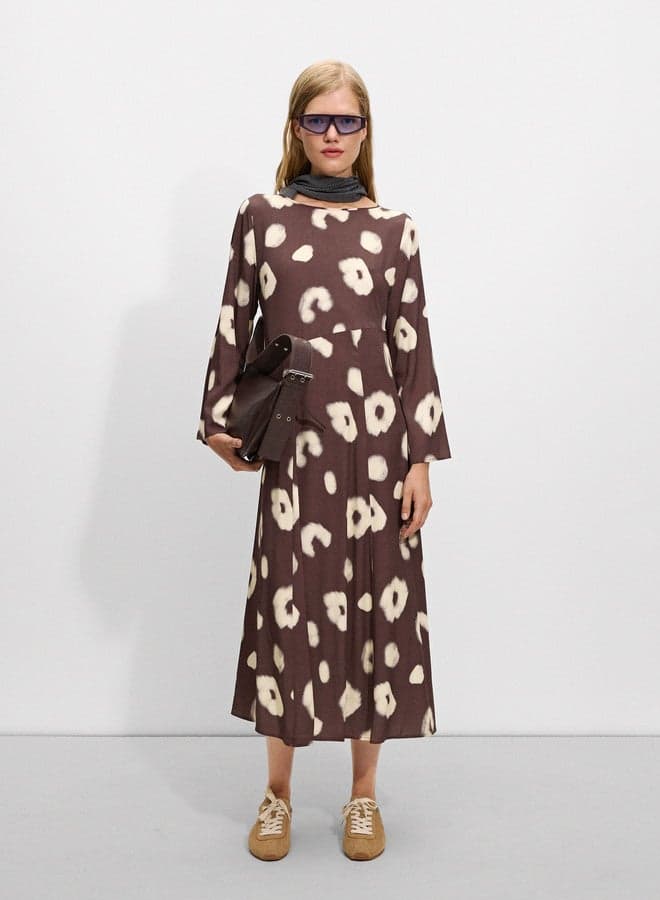 Brown Floral Print Midi Dress - Image 1