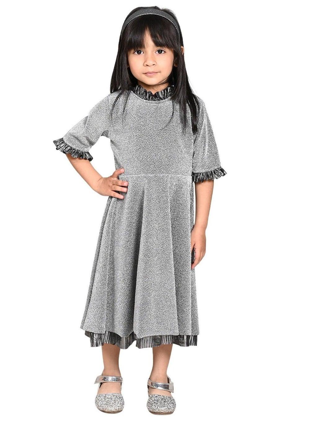 Shimmering Silver Ruffle-Trim Midi Dress - Image 1