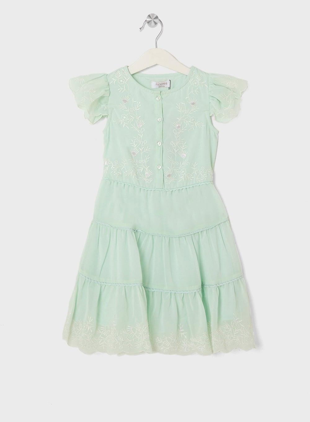 Mint Green Tiered Embroidered Girls Dress - Image 1