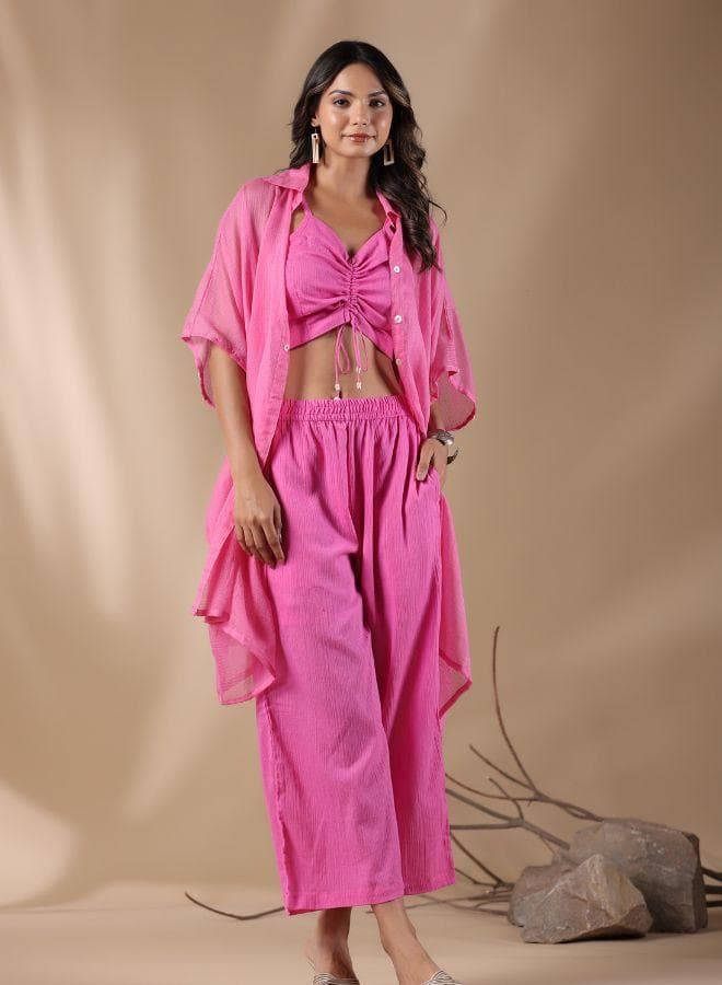 Pink Ruched Crop Top and Sheer Shirt Set - Image 1