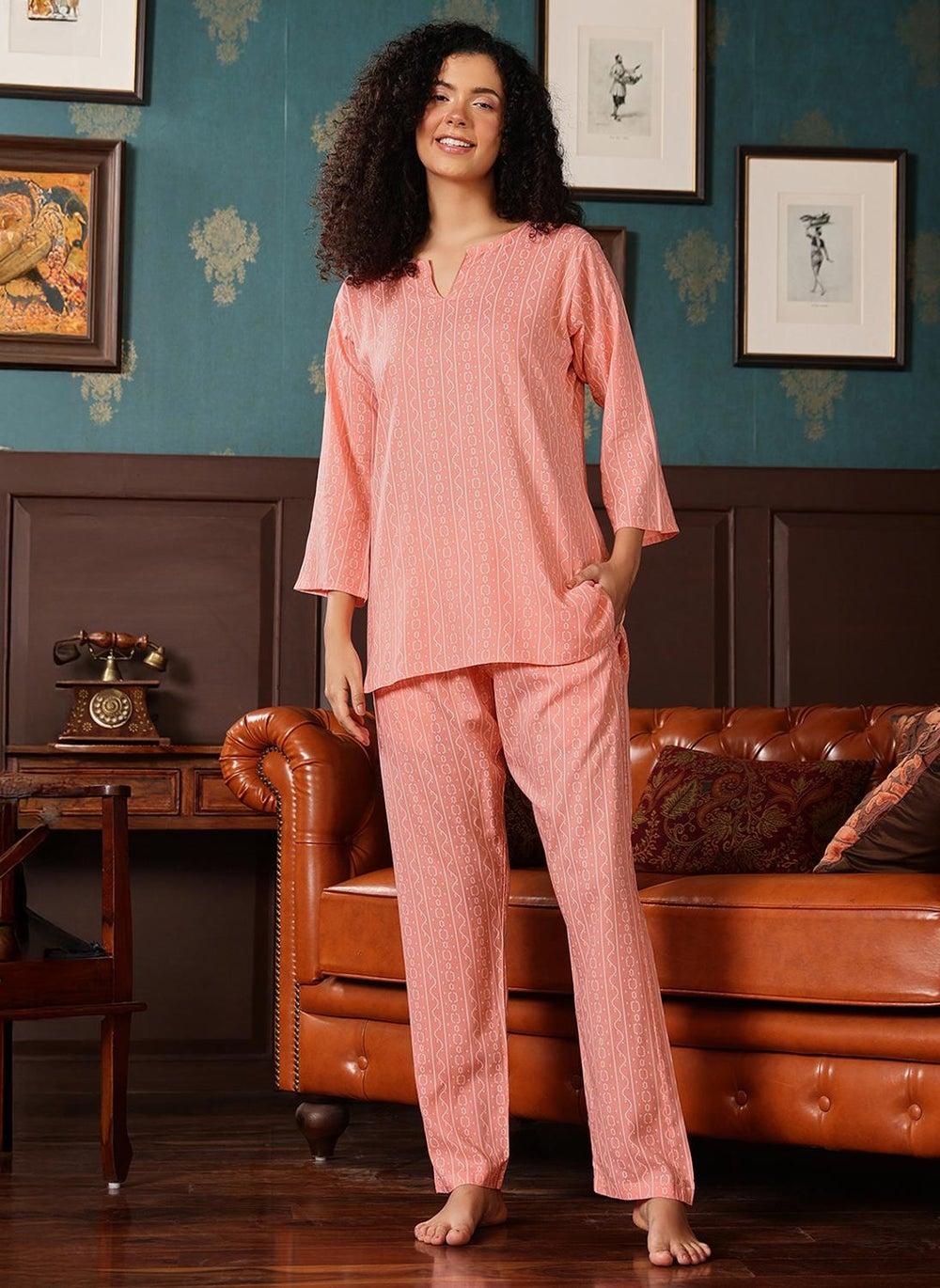 Clovia Peach Geometric Print Kurta Top & Pyjama Set - Image 1