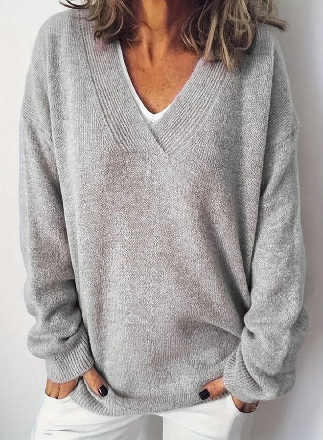 Take Two Plus Size Solid V-Neck Knit Sweater - Image 1