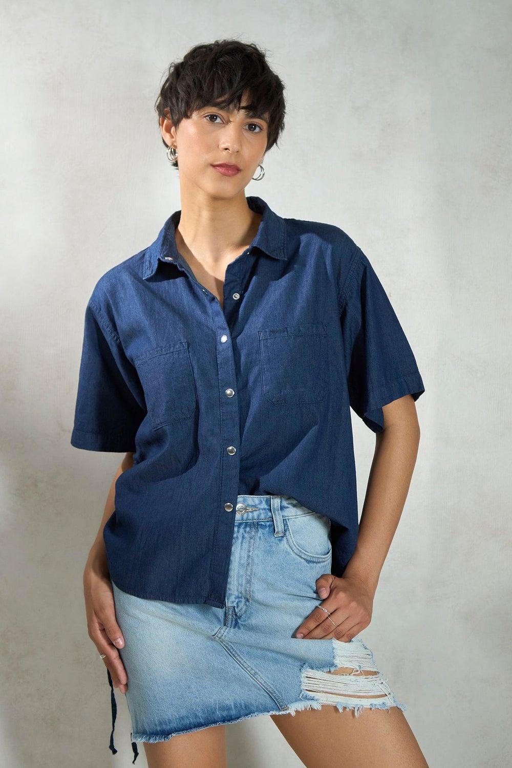 Virgio Women Cotton Collar Neck Denim Shirt - Image 1