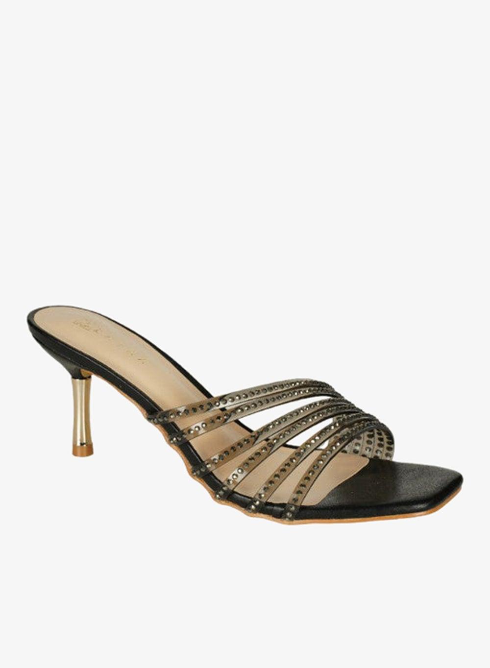 221-89 Zayna Ladies Black Mid Heel Slip-On Sandals - Image 1