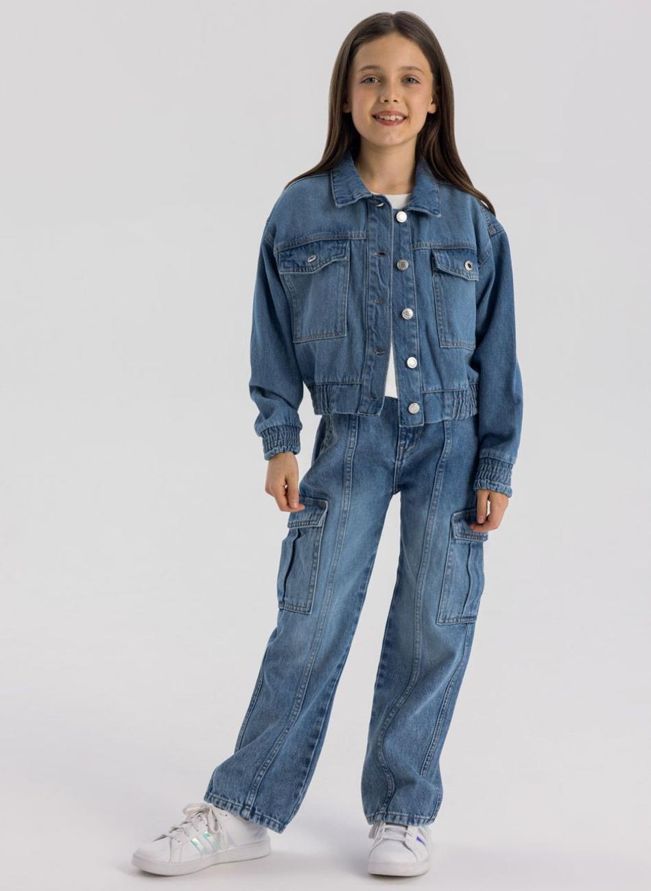 Girls Navy Cropped Denim Bomber Jacket - Image 1