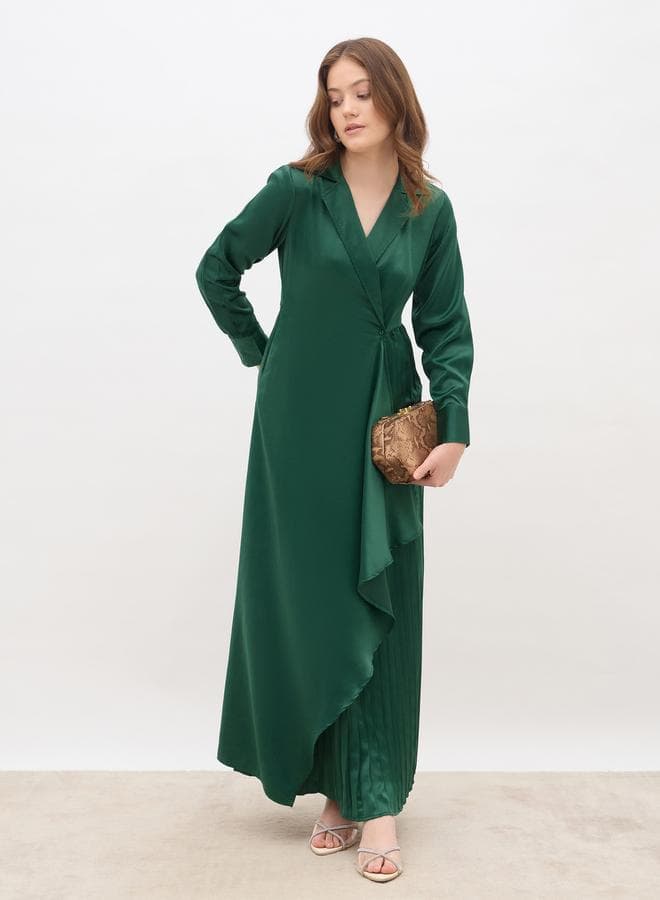 Plain Satin Pleated Wrap Maxi Dress with Notch Lapel - Image 1
