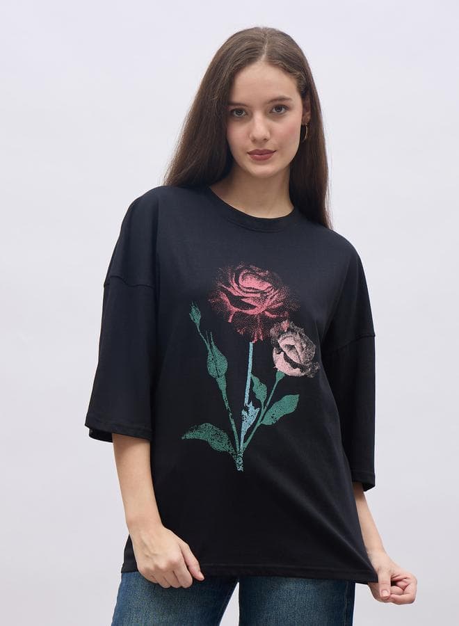 Styli Black Oversized Graphic Print T-Shirt - Image 1