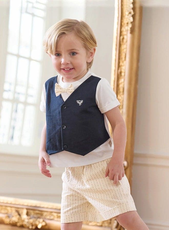 Boy Cotton Vest Shorts Set with Bow Tie Detail - Image 1