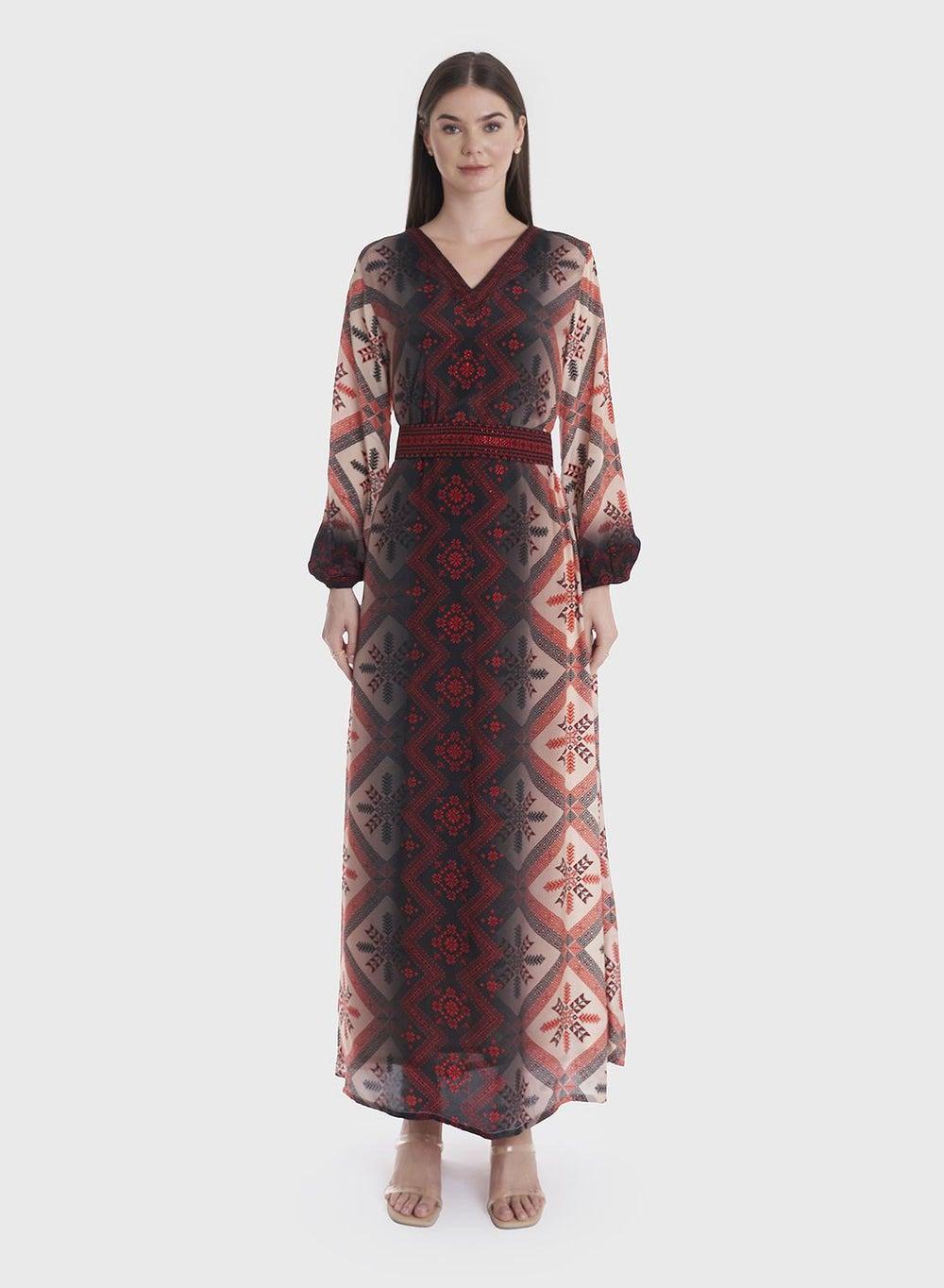 Viscose A-Line Printed Jalabiya with Belt - Image 1