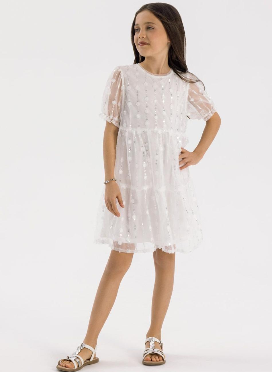 Girls White Sequin Flower Short Sleeve Dress - Image 1
