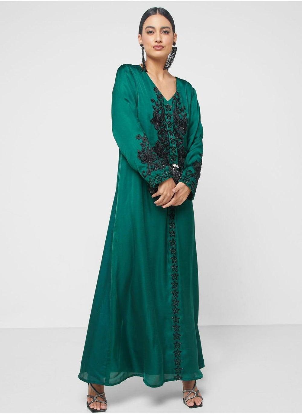 V-Neck Printed Jalabiya with Satin Silk Finish - Image 1