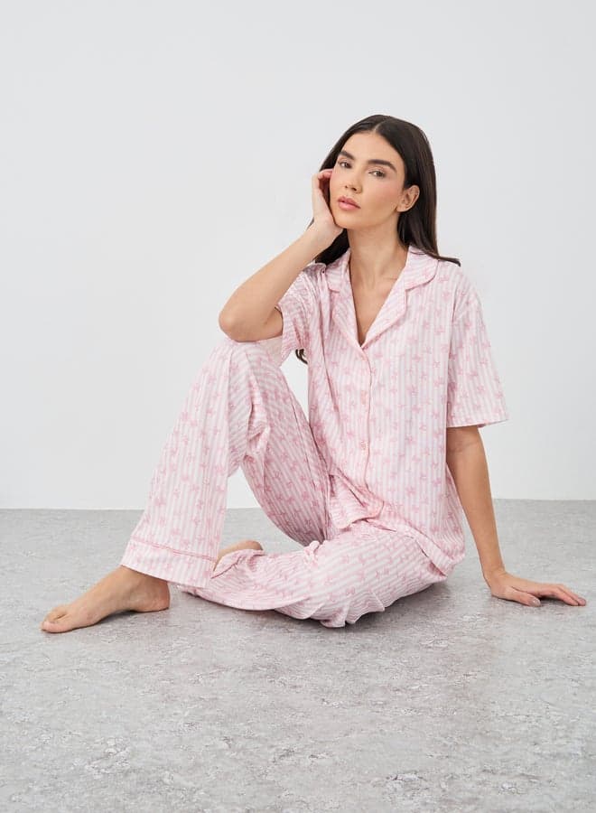 Pink Stripe and Bow Print Piped Shirt Pyjama Set - Image 1