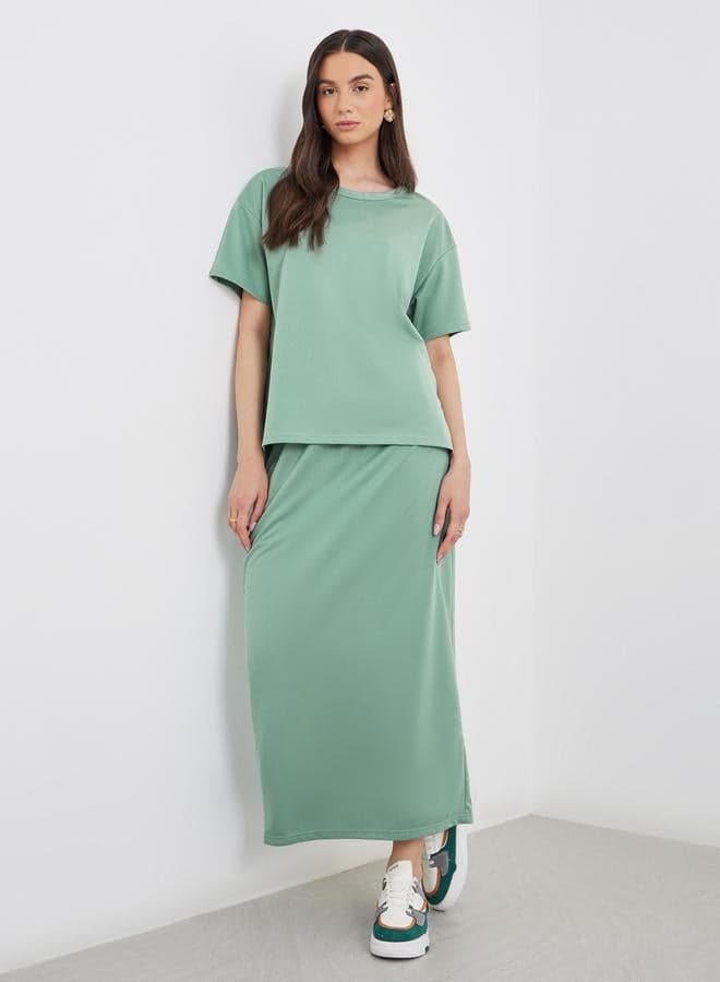 Take Two Green Solid T-Shirt and Midi Skirt Co-Ord Set - Image 1