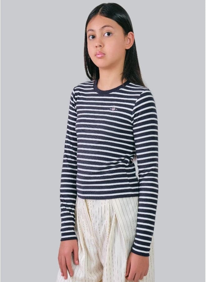 Teen Girls Striped Rib Top with Shield Logo - Image 1