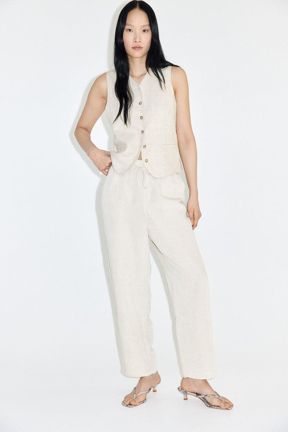 Linen-Blend Drawstring Trousers with Tapered Legs - Image 1