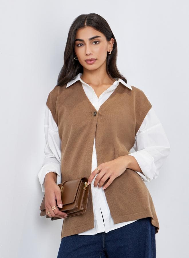 Styli Khaki Sleeveless Knit Button Top - Image 1