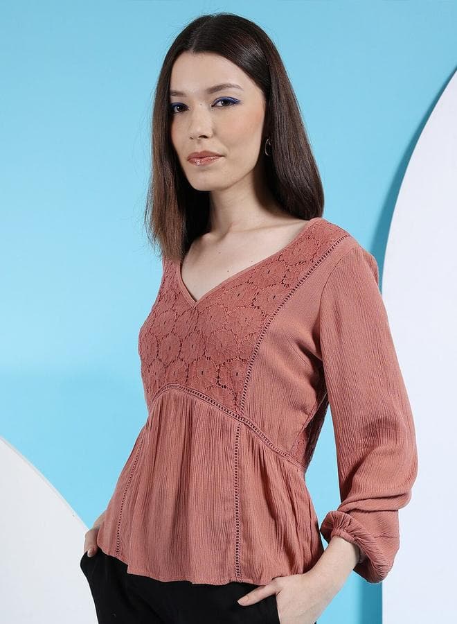 Freehand Pink Lace Insert Long Sleeve Blouse - Image 1