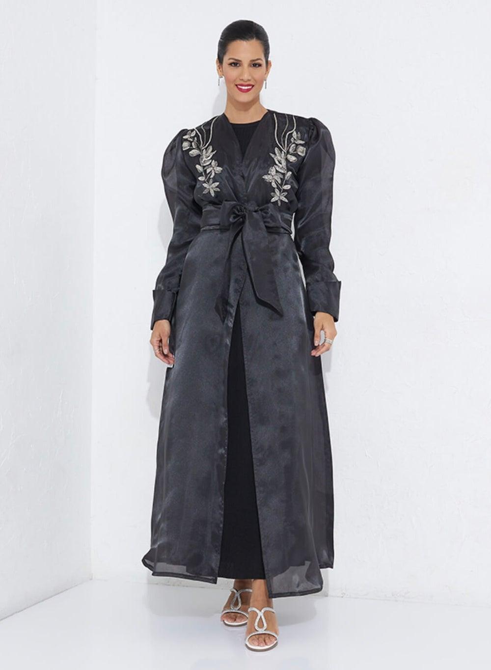Organza Floral Abaya with Silver Flower Embroidery - Image 1