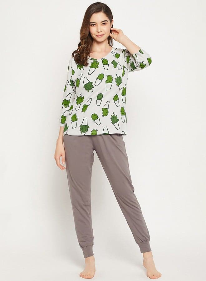 Clovia Cactus Print Cotton Top & Dark Grey Joggers Set - Image 1
