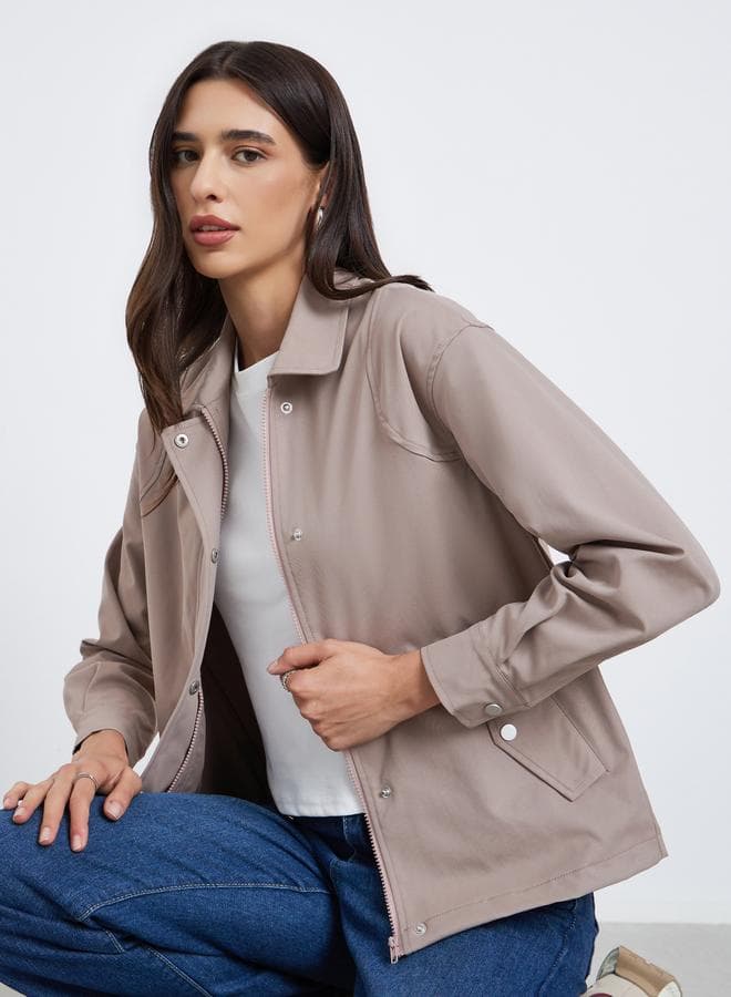 Styli Beige Regular Fit Button-Zip Jacket - Image 1
