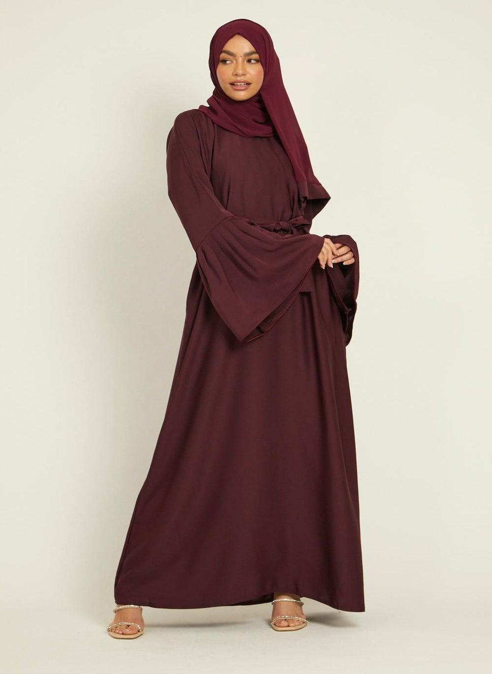 Elegant Brown Plain Abaya with Belt and Hijab AB46 - Image 1