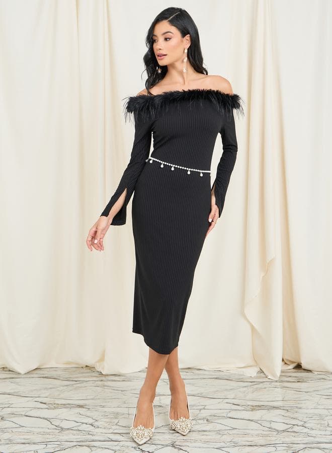 Styli Faux Fur Off Shoulder Midi Bodycon Dress - Image 1