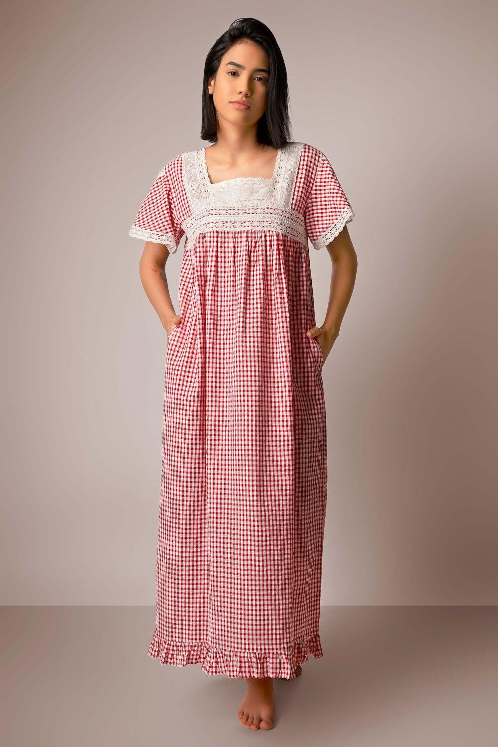 Acai Cotton Gingham Nightdress with Lace and Ruffle Sleeves - Image 1