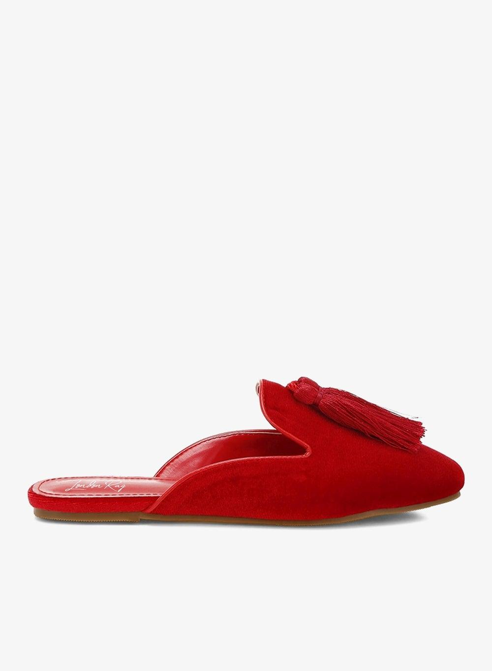 Red Velvet Tassel Mules for Women - Image 1