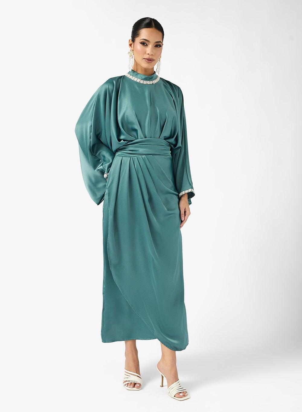 Draped Maxi Dress with Embellished Neckline - Image 1