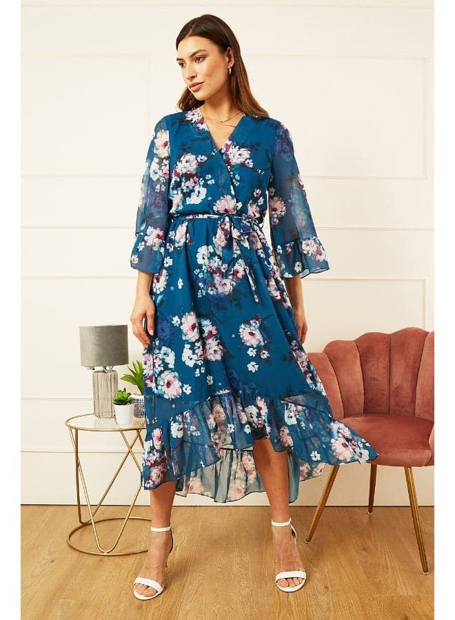 Teal Floral Wrap Midi Dress with Ruffled Hem - Image 1