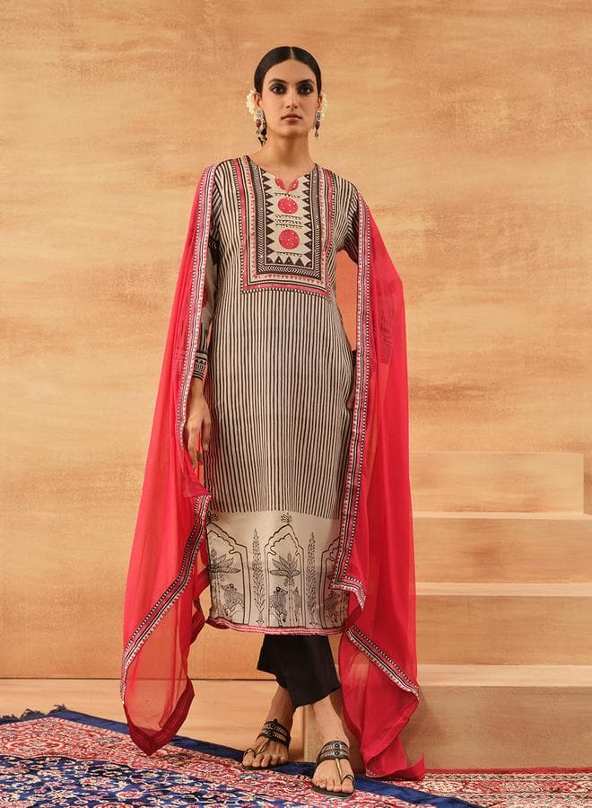 Women's Off White Chinon Printed 3 Piece Kurta Set - Image 1