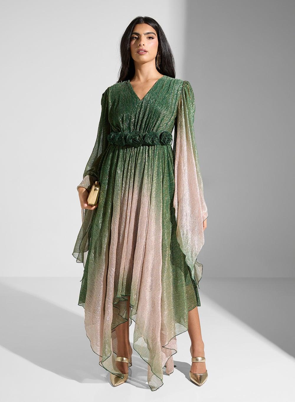 Green Ombre Chiffon Dress with Floral Waist Detail - Image 1