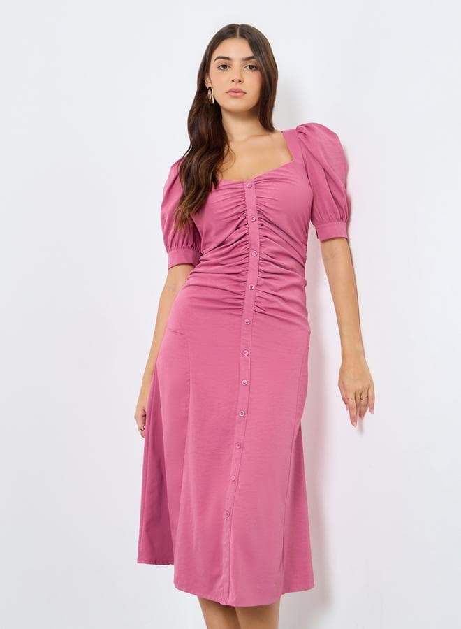 Styli Pink Puff Sleeve A-Line Midi Dress - Image 1