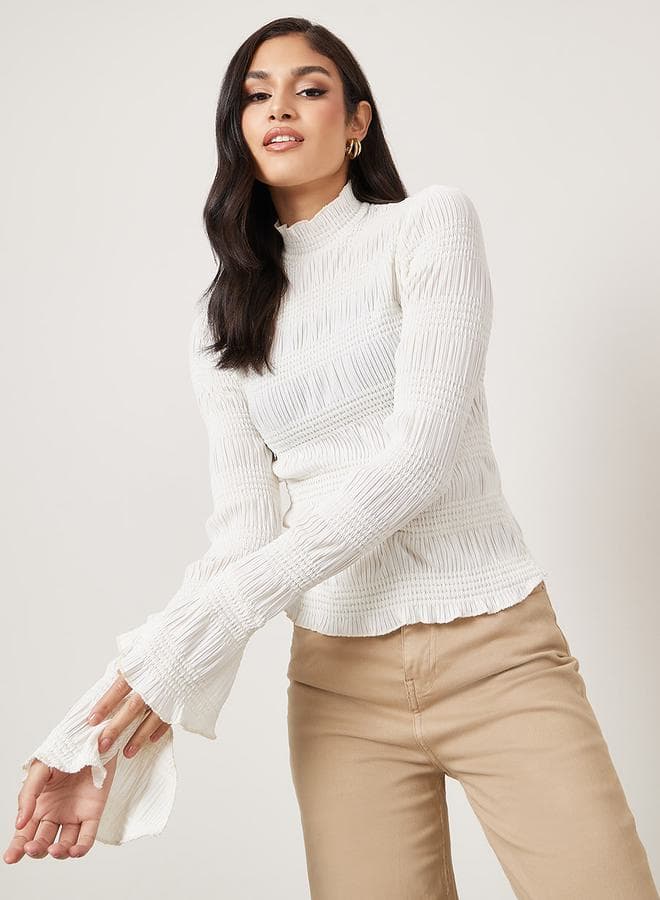 Textured High Neck Fitted Knit Top with Flute Sleeve - Image 1