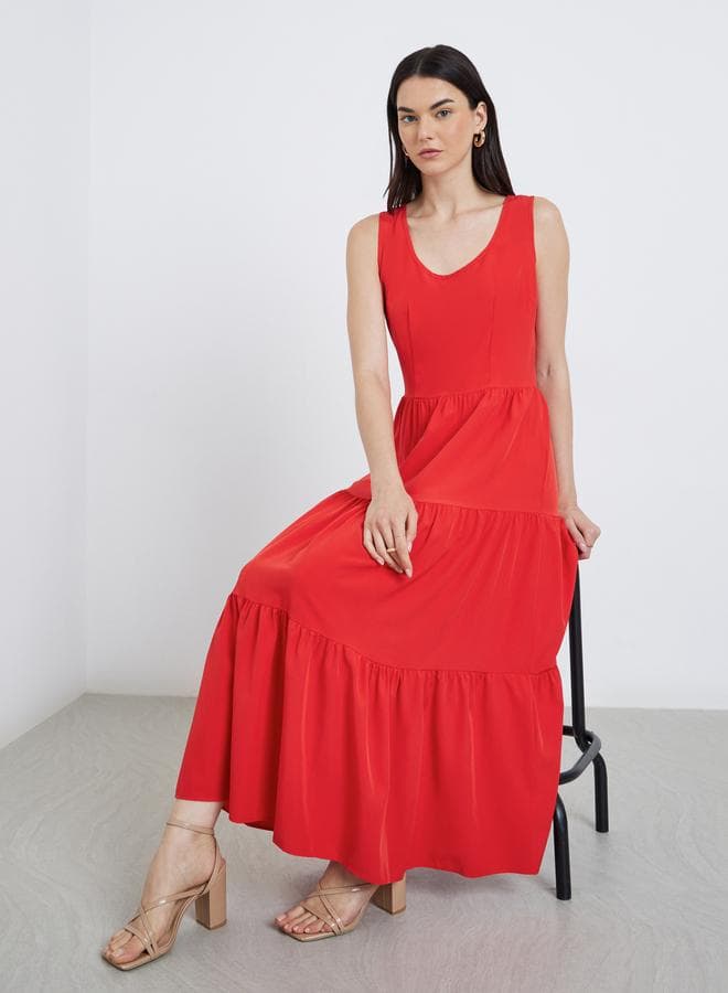 Take Two Solid Sleeveless Tiered Midi Dress - Image 1