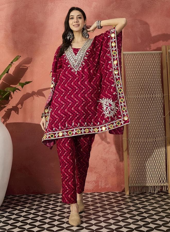 Women's Red Rayon Embellished Tunic Top Palazzo Kurta Set - Image 1