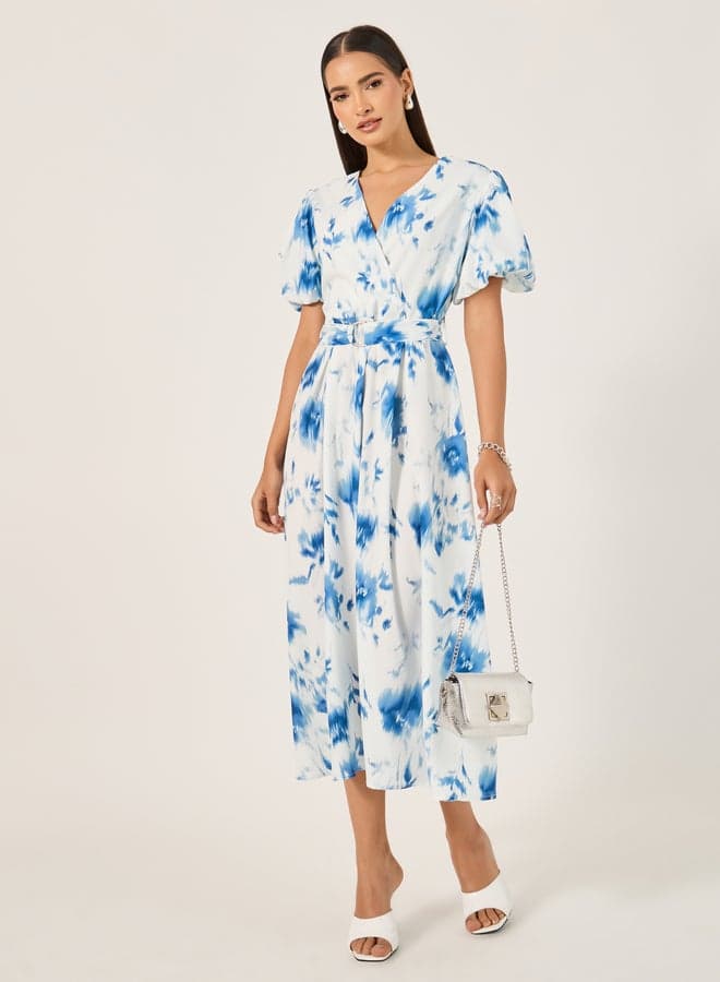 Blue Tie-Dye Wrap Midi Dress with Belt - Image 1