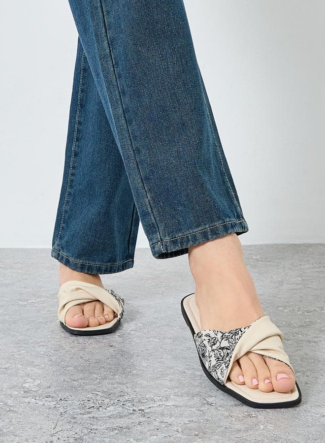 Styli Beige Printed Twist Strap Flat Sandals - Image 1